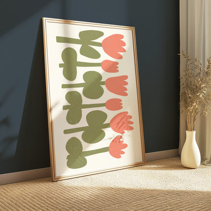Premium Poster of Minimalist Pink and Green Floral Art for Home Posters