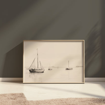 Premium Poster of Minimalist Sailboats at Sea in Calm Waters Posters