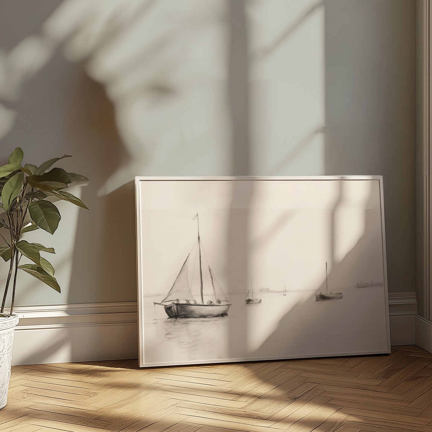 Premium Poster of Minimalist Sailboats at Sea in Calm Waters Posters