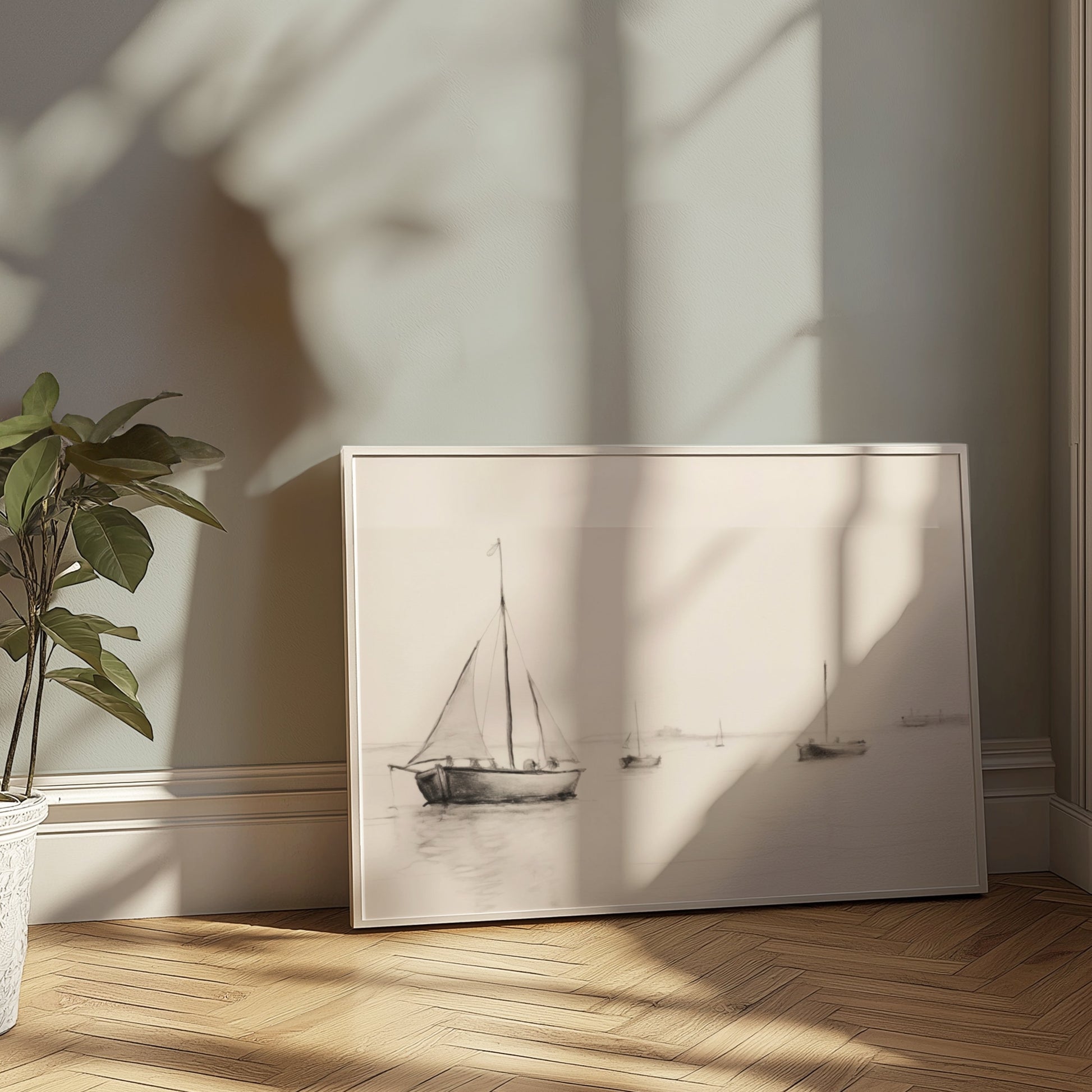Premium Poster of Minimalist Sailboats at Sea in Calm Waters Posters