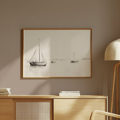 Premium Poster of Minimalist Sailboats at Sea in Calm Waters Posters