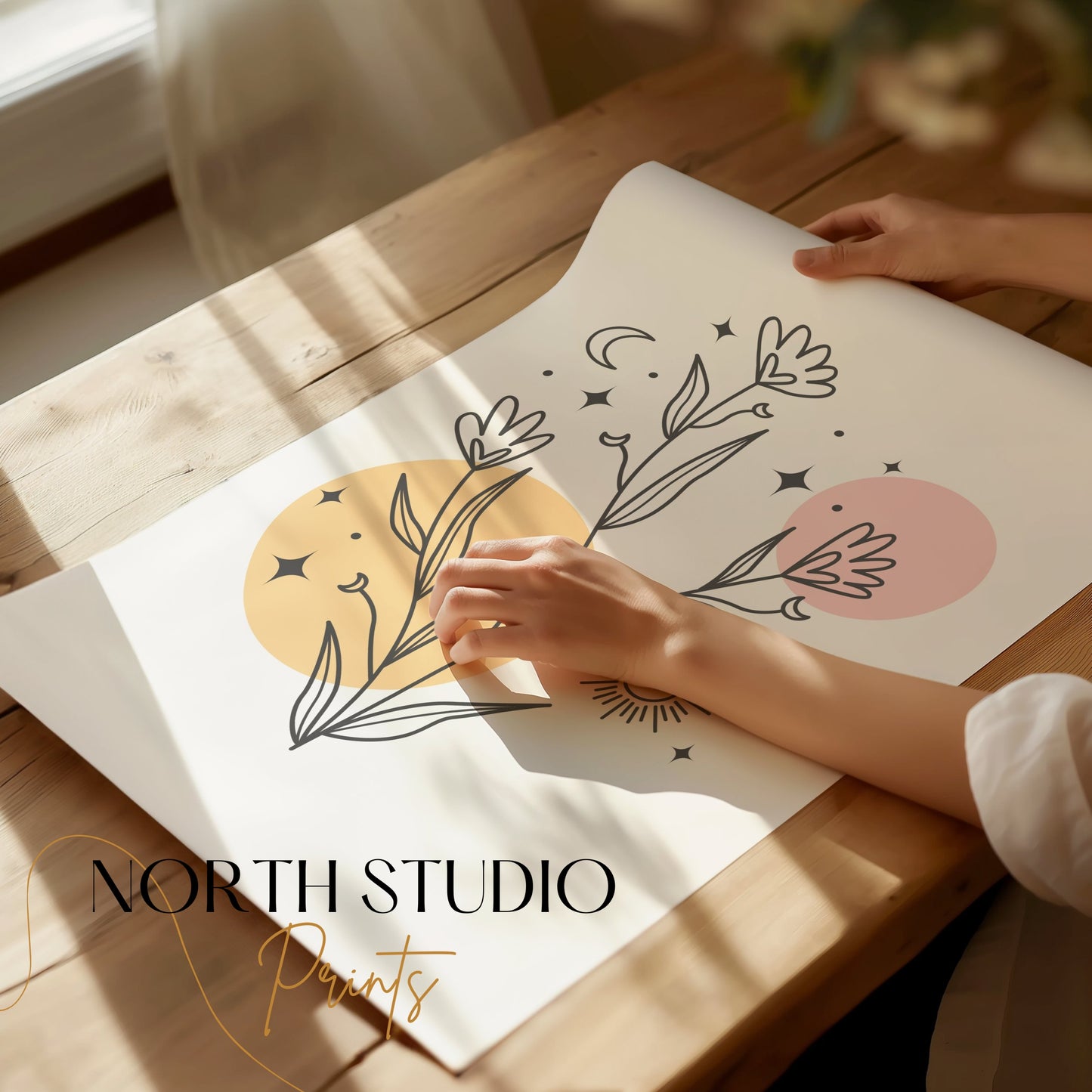 Premium Poster of Minimalistic Wildflower Art with Sun Moon and Stars Posters