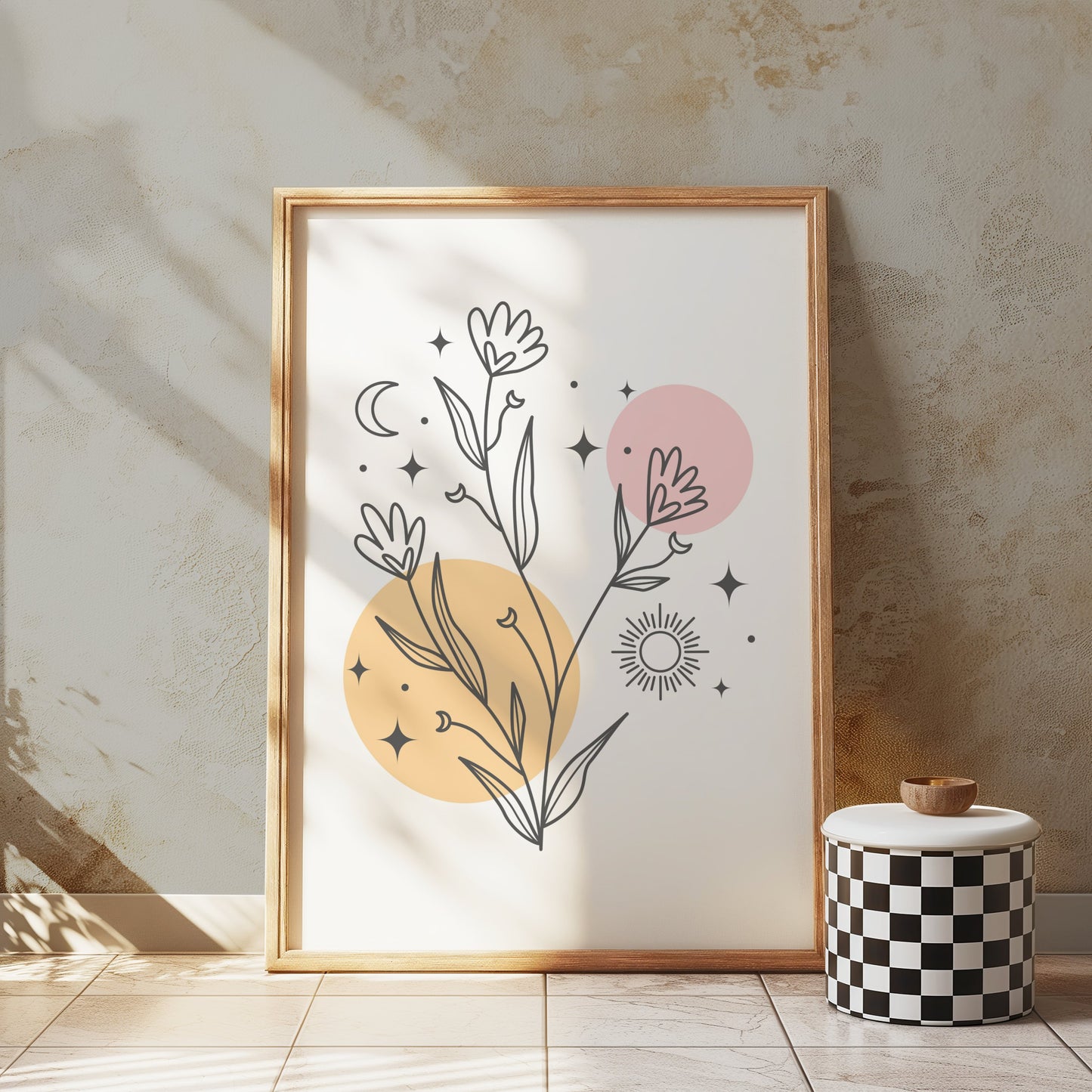 Premium Poster of Minimalistic Wildflower Art with Sun Moon and Stars Posters