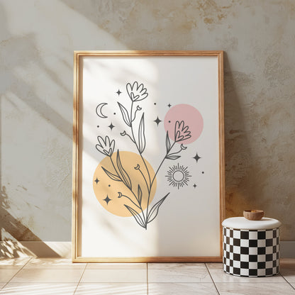 Premium Poster of Minimalistic Wildflower Art with Sun Moon and Stars Posters