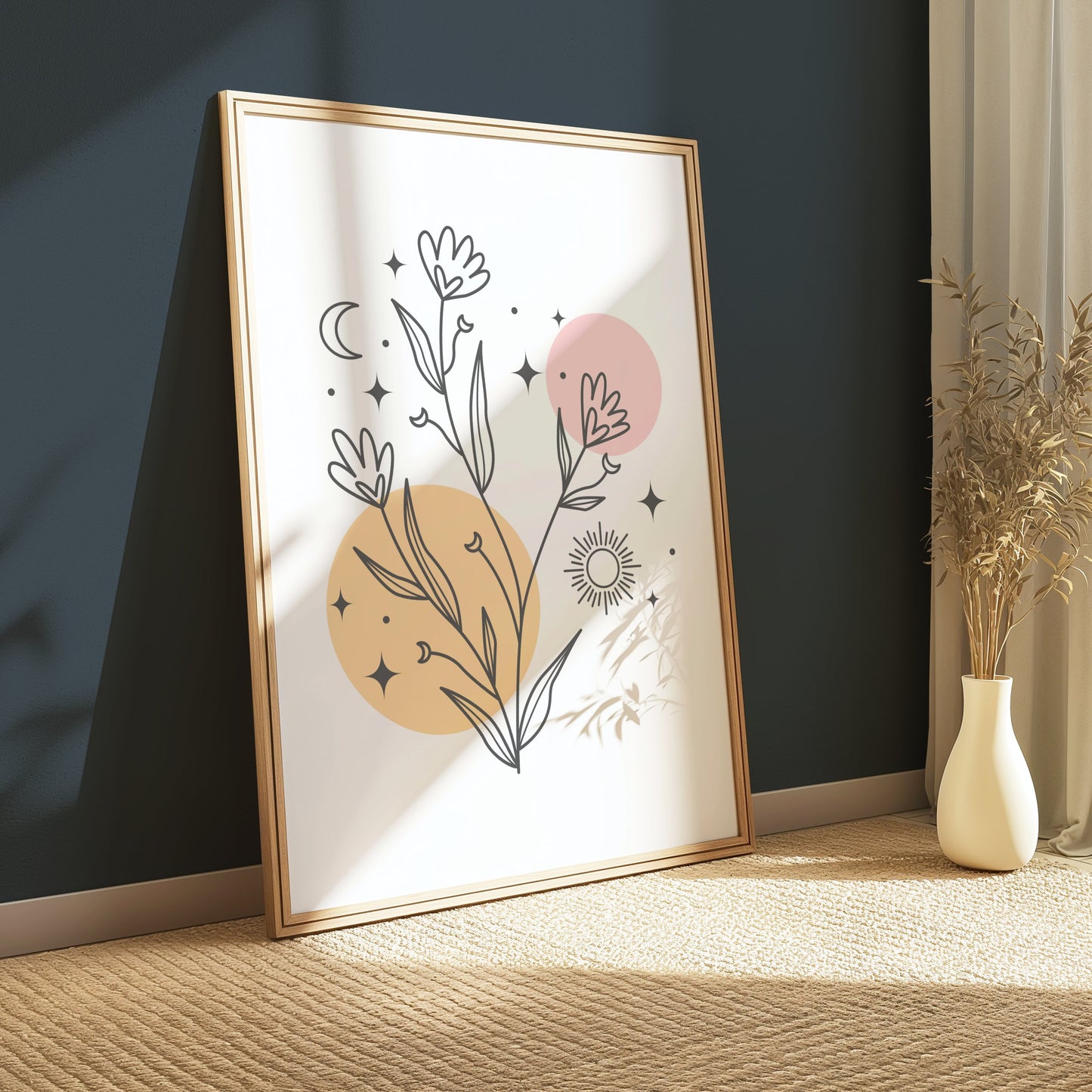 Premium Poster of Minimalistic Wildflower Art with Sun Moon and Stars Posters