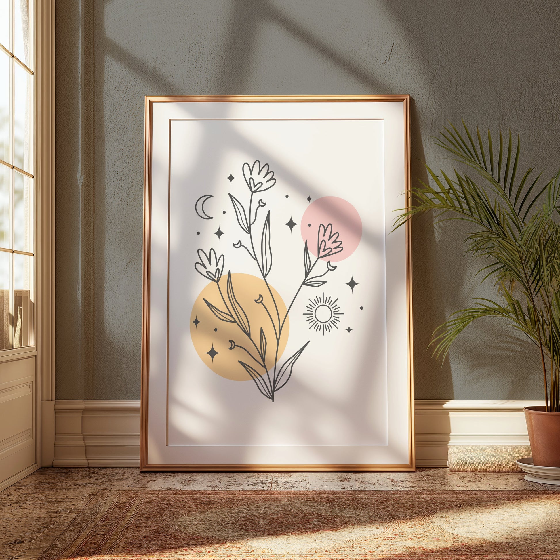 Premium Poster of Minimalistic Wildflower Art with Sun Moon and Stars Posters