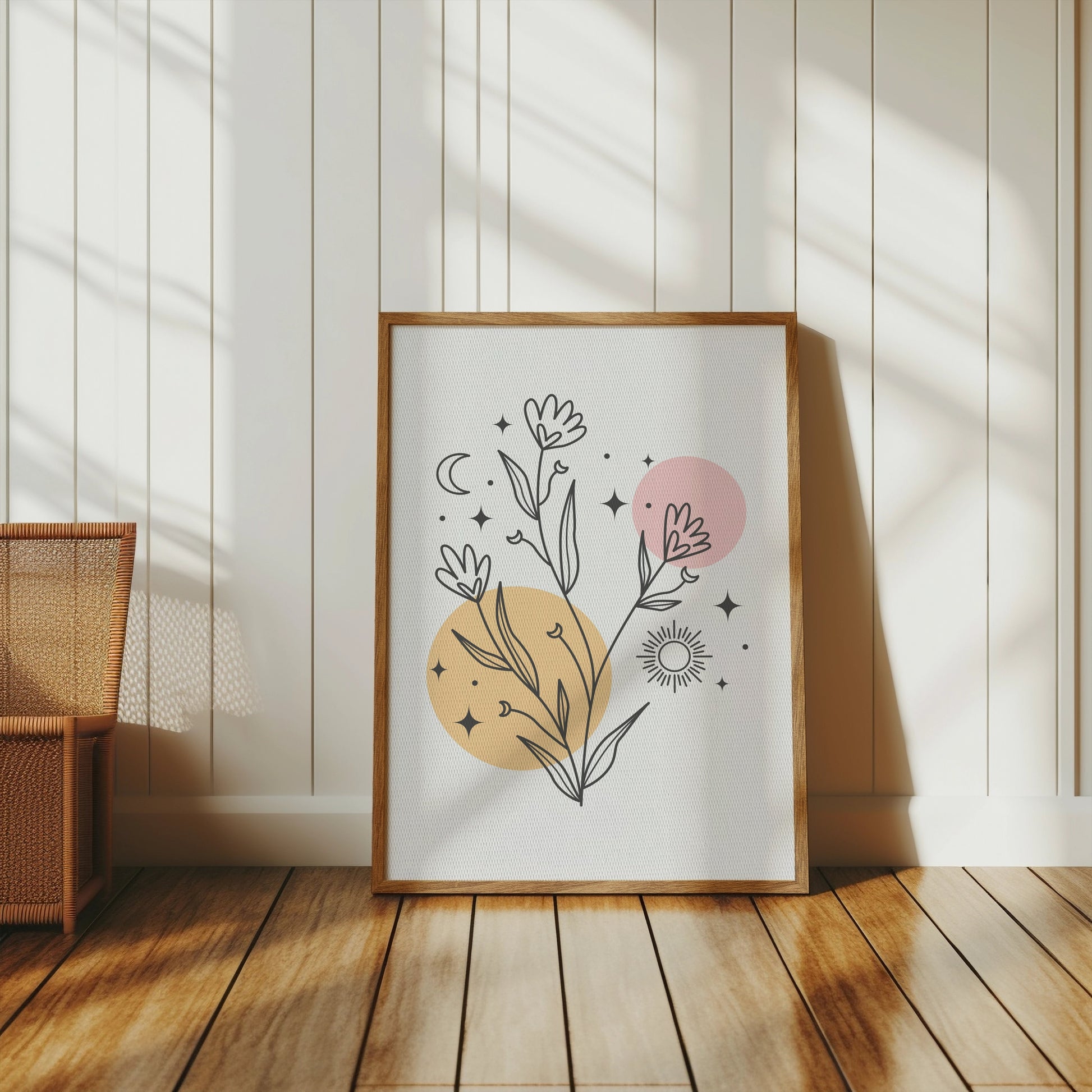 Premium Poster of Minimalistic Wildflower Art with Sun Moon and Stars Posters