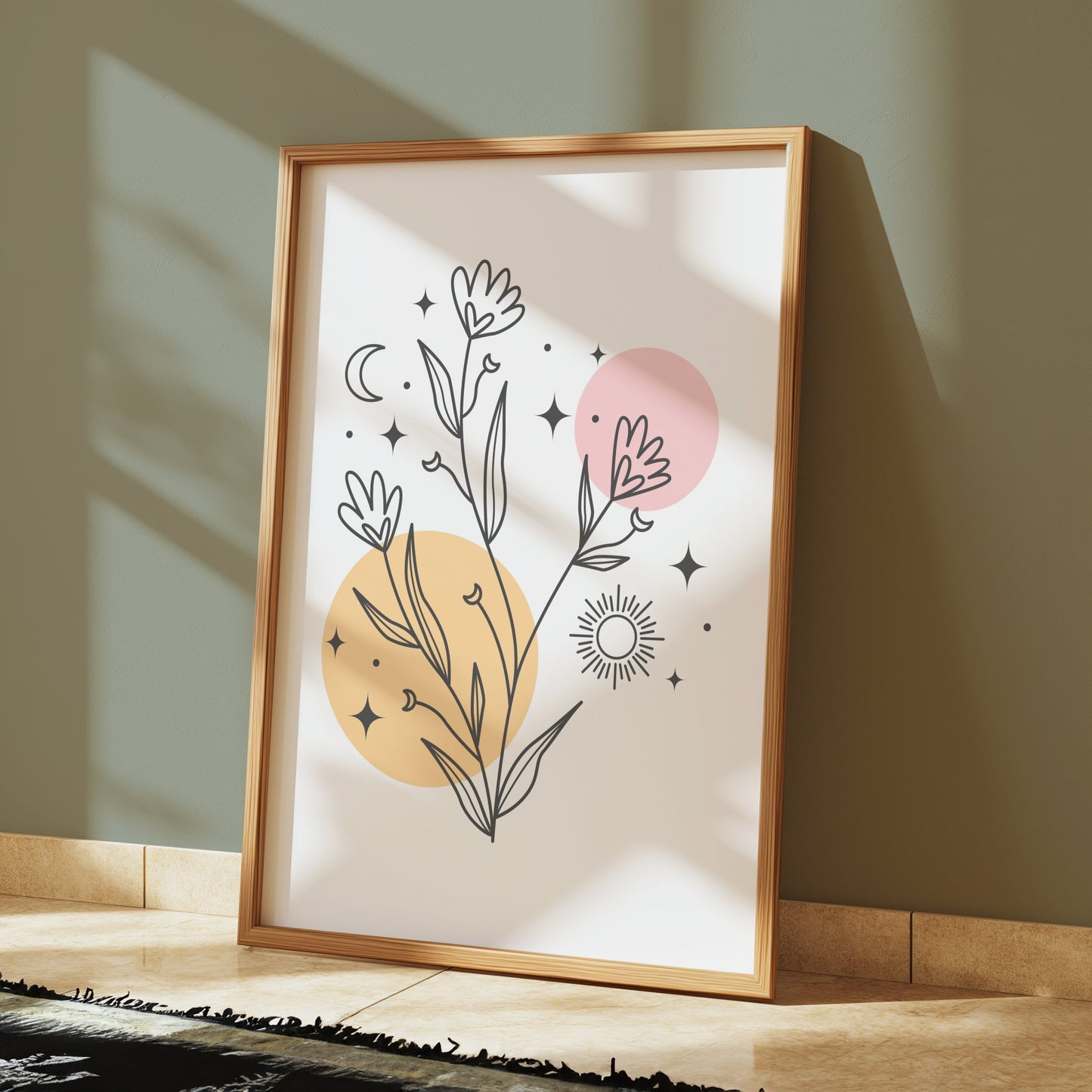 Premium Poster of Minimalistic Wildflower Art with Sun Moon and Stars Posters