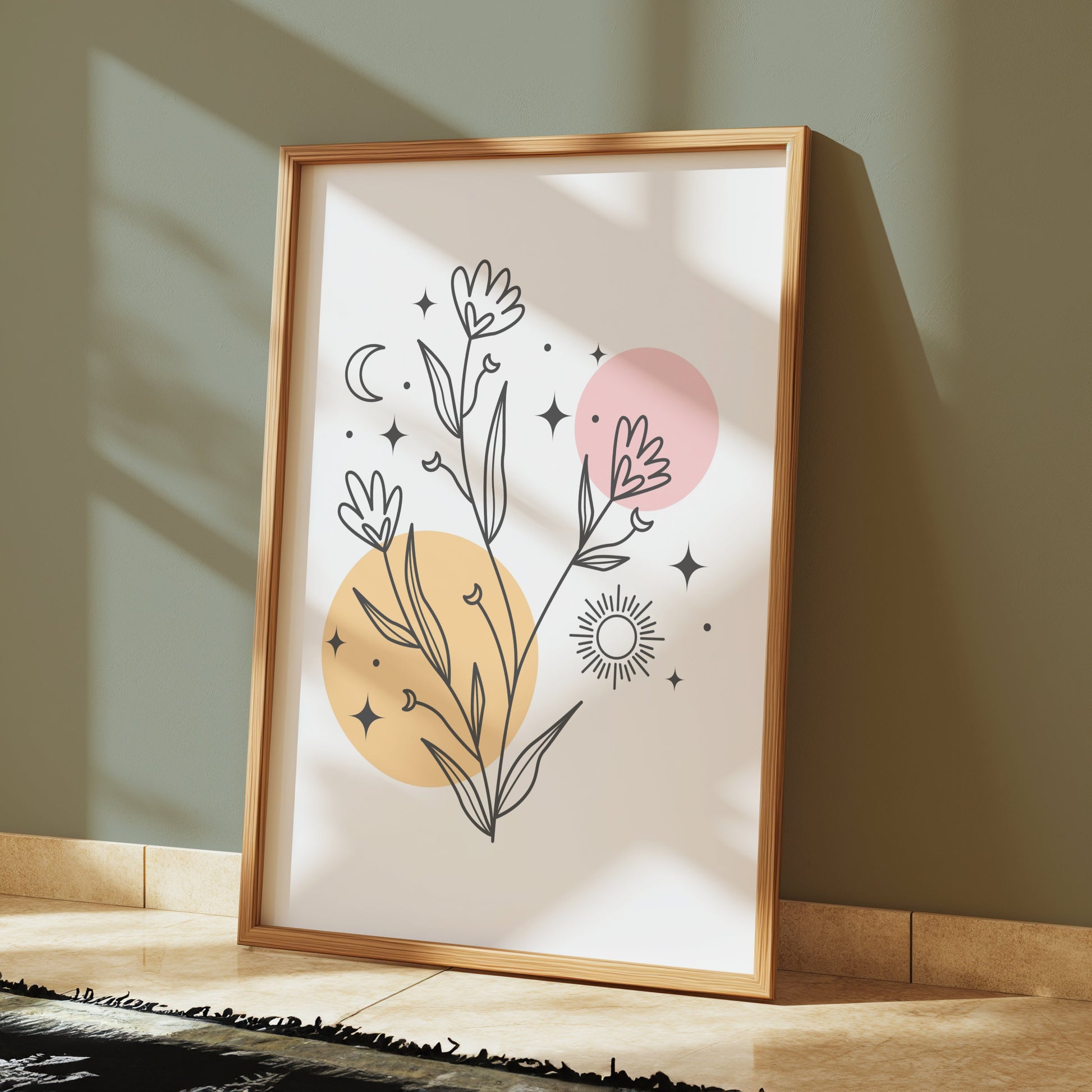 Premium Poster of Minimalistic Wildflower Art with Sun Moon and Stars Posters