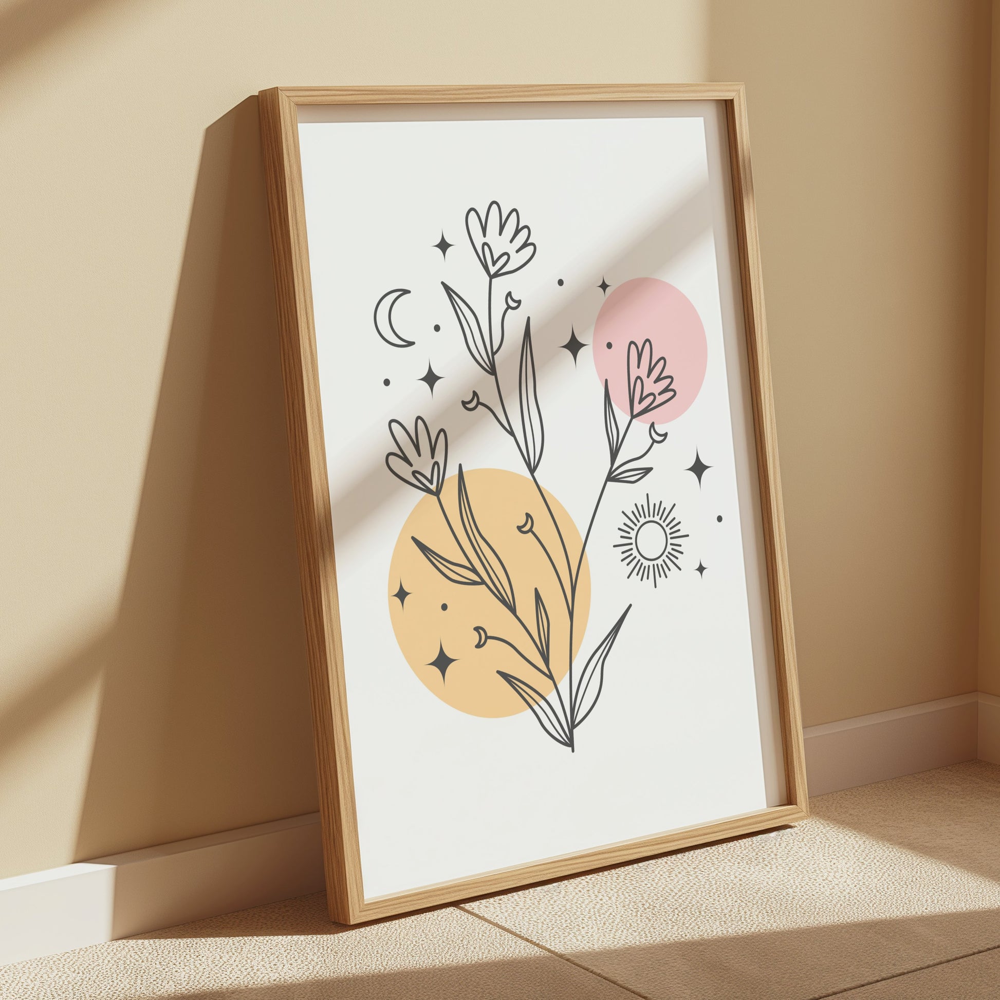 Premium Poster of Minimalistic Wildflower Art with Sun Moon and Stars Posters
