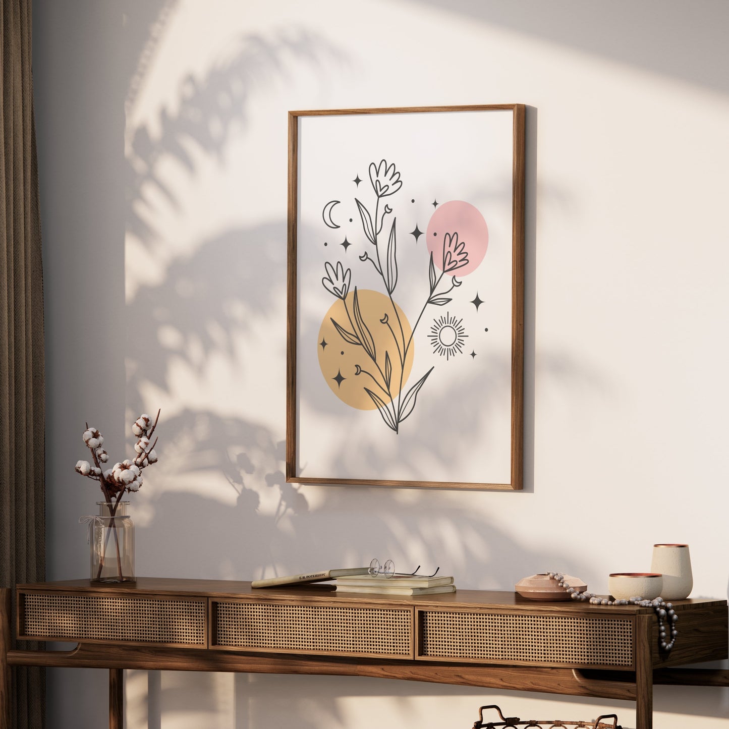Premium Poster of Minimalistic Wildflower Art with Sun Moon and Stars Posters