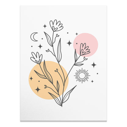 Premium Poster of Minimalistic Wildflower Art with Sun Moon and Stars Posters