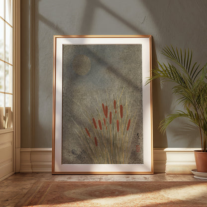 Premium Poster of Moonlit Cattails Japanese Art Print Posters