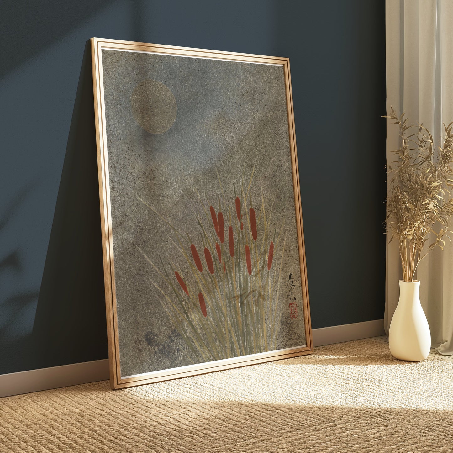 Premium Poster of Moonlit Cattails Japanese Art Print Posters