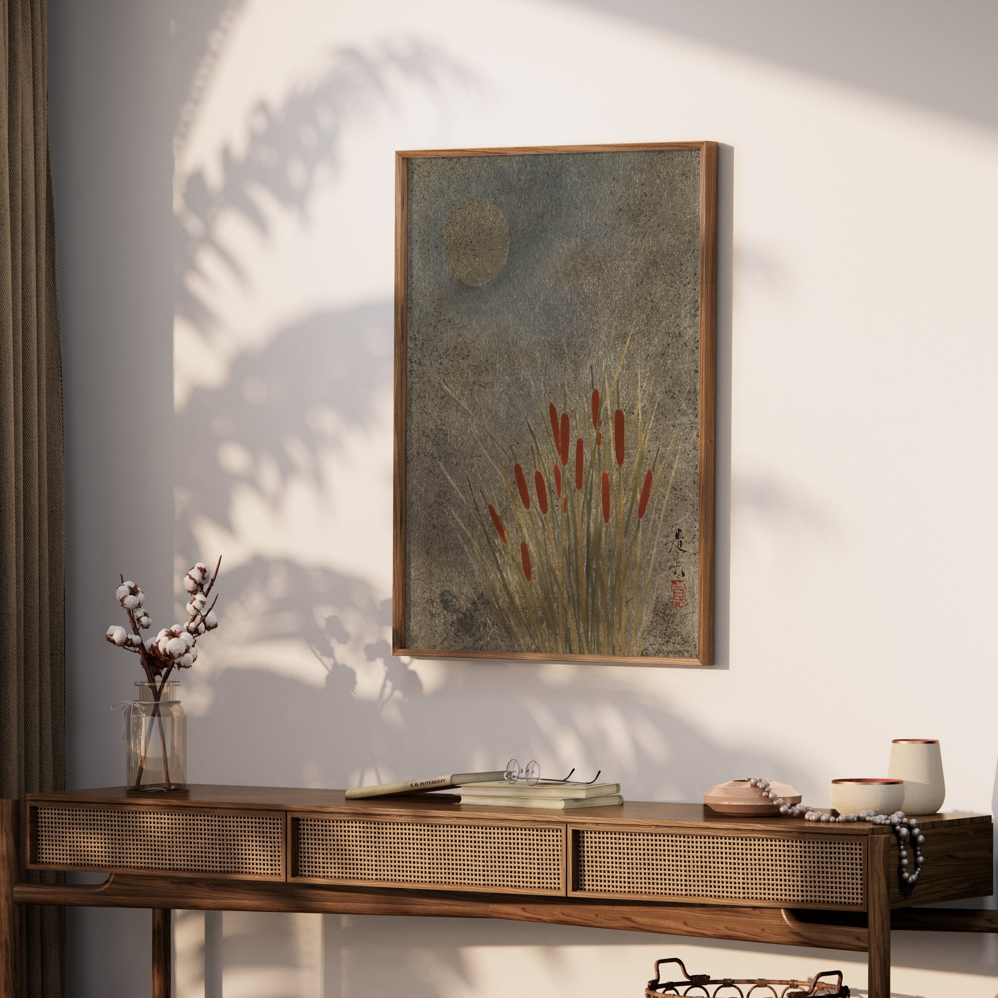 Premium Poster of Moonlit Cattails Japanese Art Print Posters