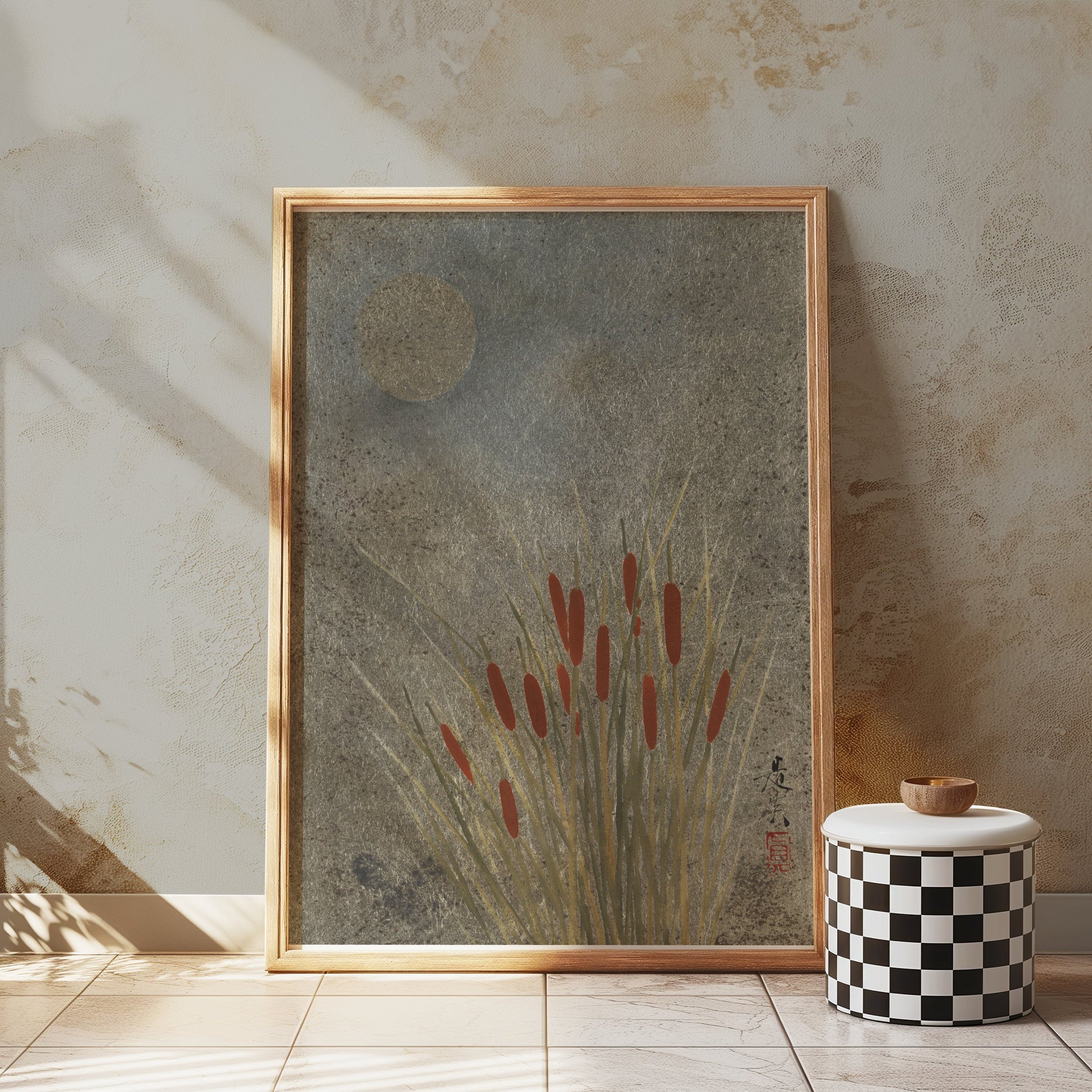 Premium Poster of Moonlit Cattails Japanese Art Print Posters