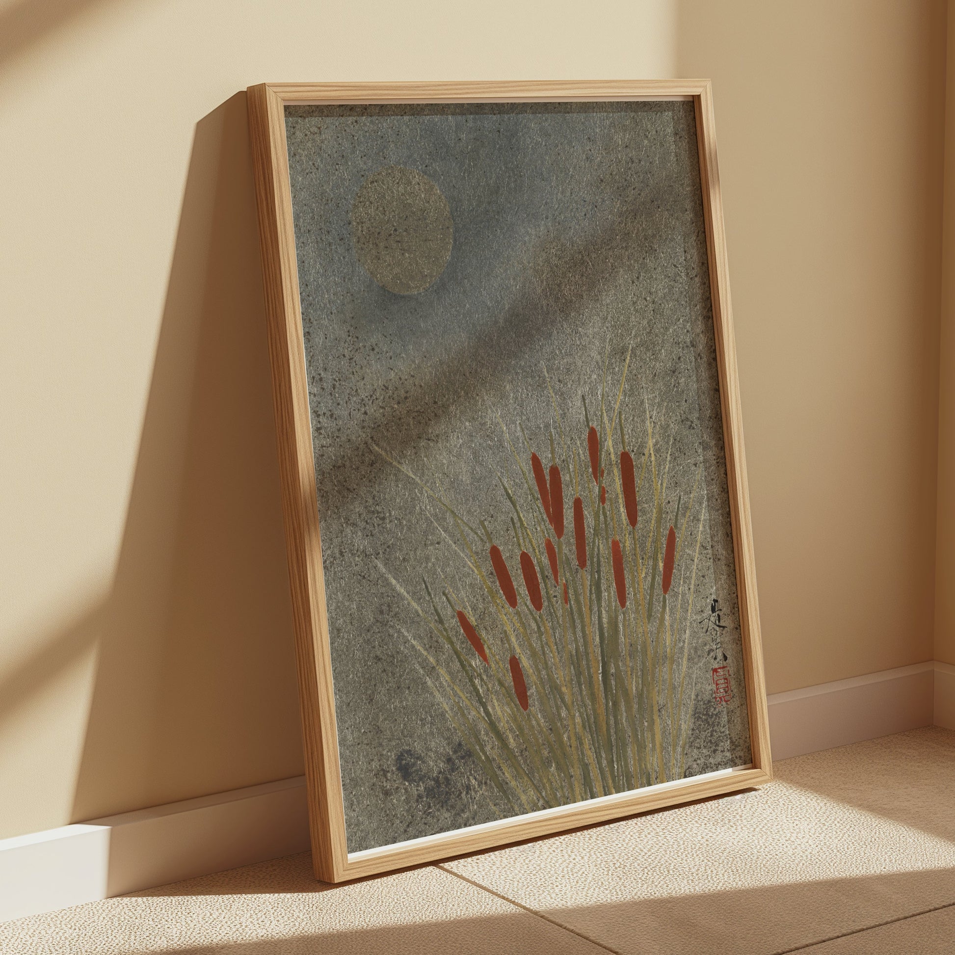Premium Poster of Moonlit Cattails Japanese Art Print Posters