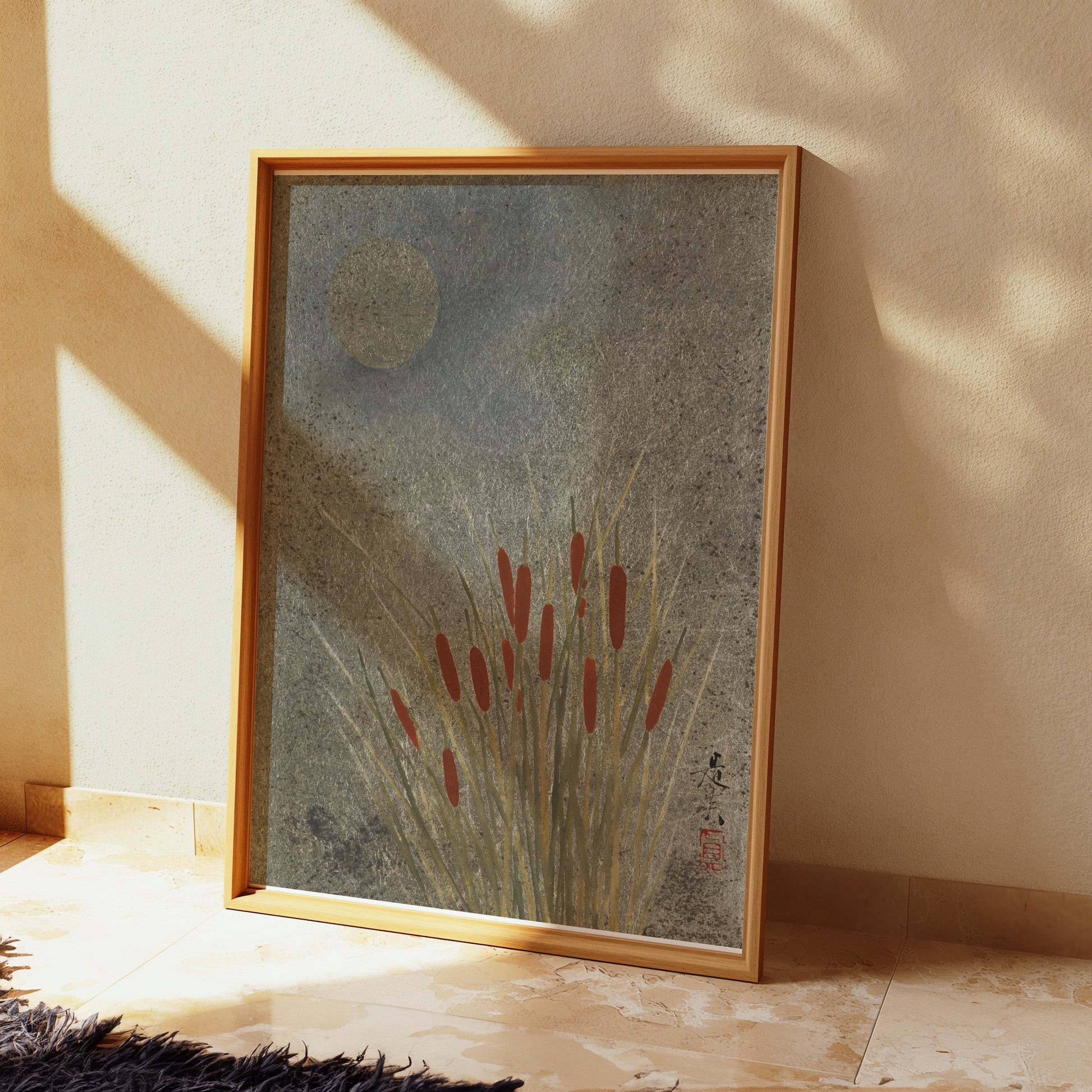 Premium Poster of Moonlit Cattails Japanese Art Print Posters