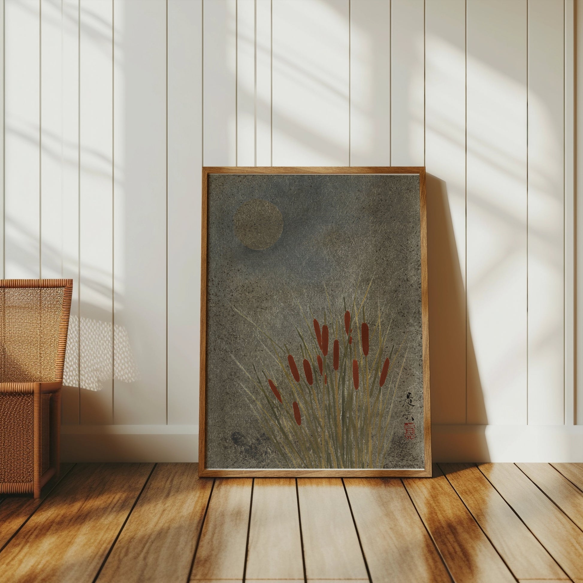 Premium Poster of Moonlit Cattails Japanese Art Print Posters