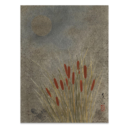 Premium Poster of Moonlit Cattails Japanese Art Print Posters