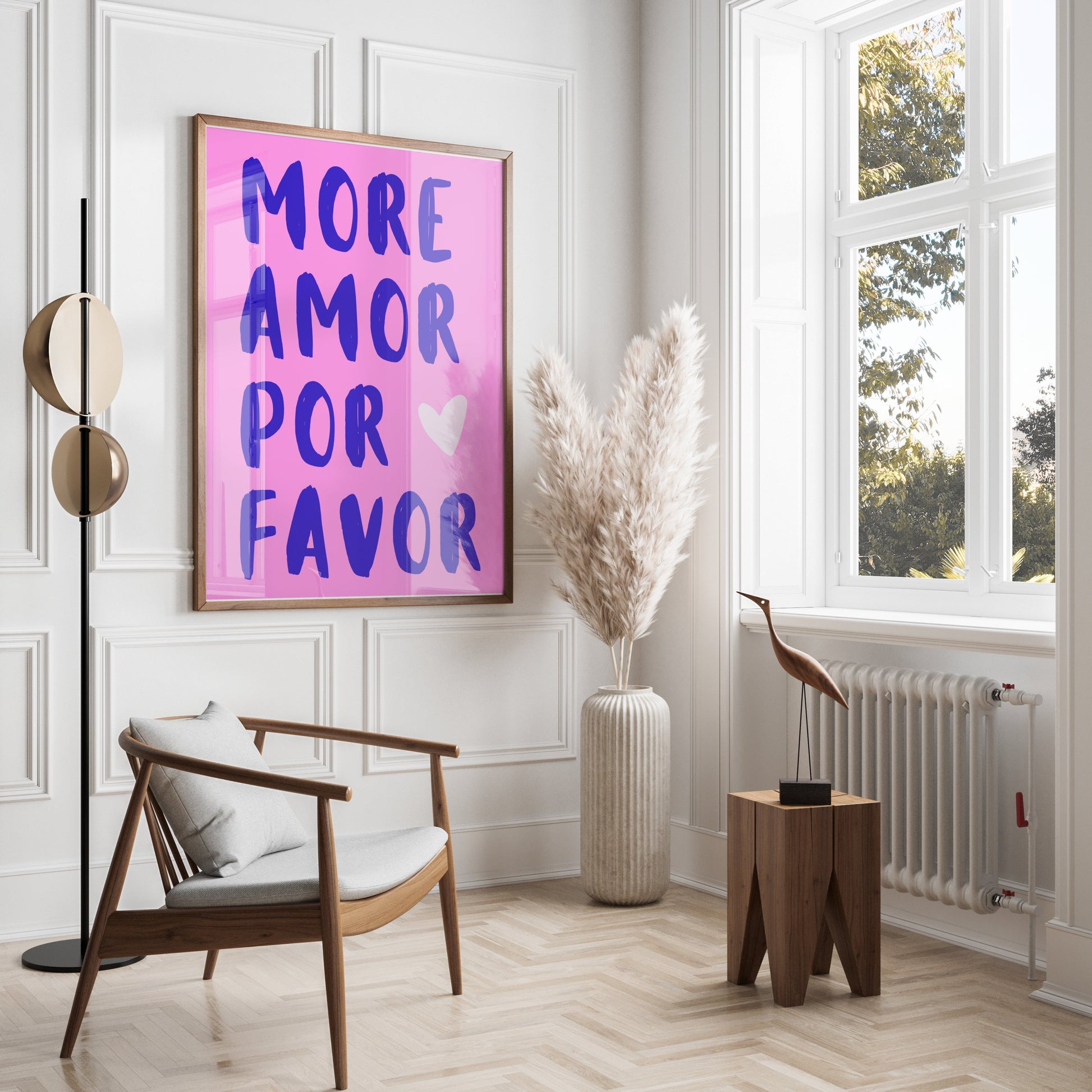 Premium Poster of More Amor Por Favor Blue Text Pink Background Posters