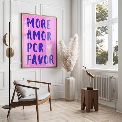 Premium Poster of More Amor Por Favor Blue Text Pink Background Posters
