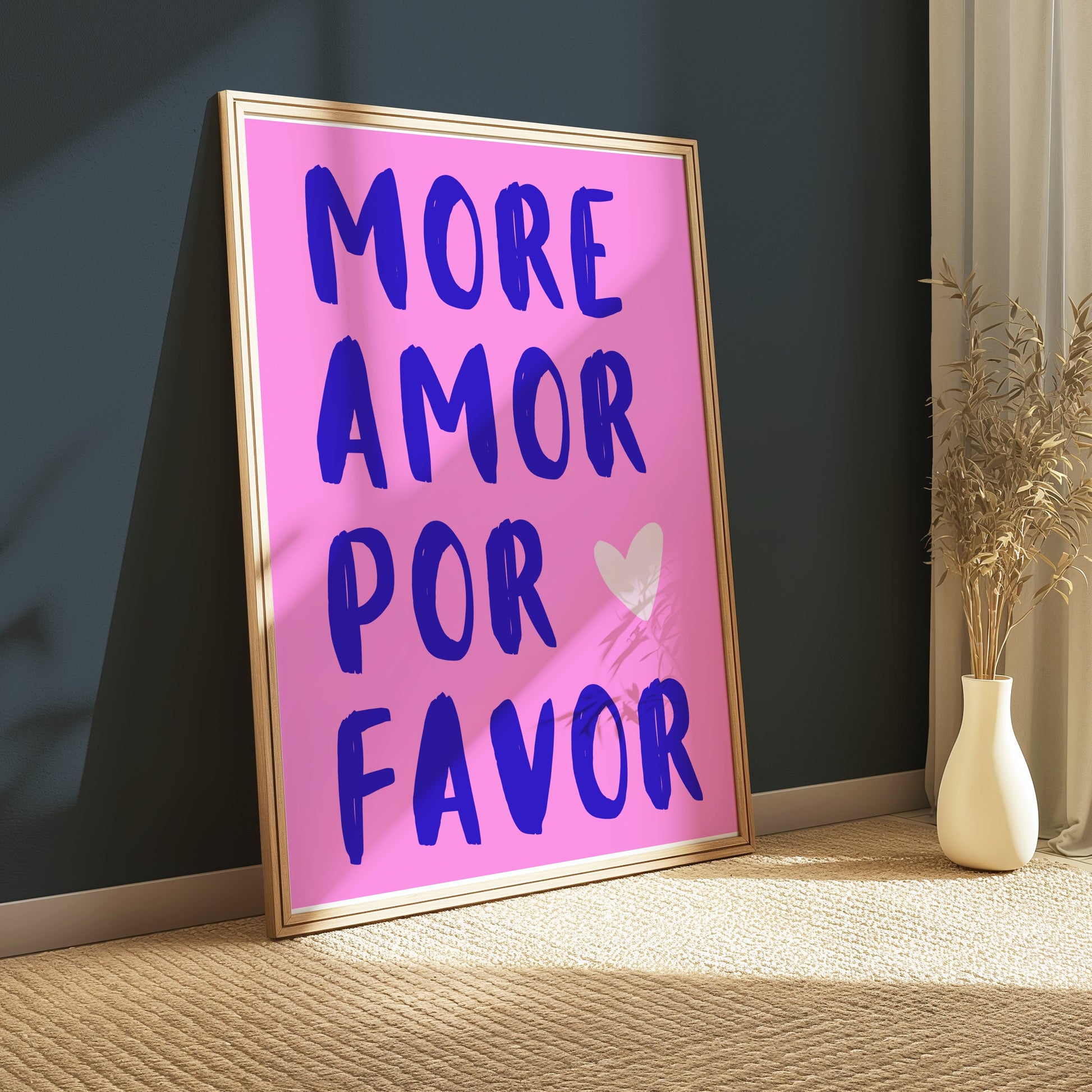 Premium Poster of More Amor Por Favor Blue Text Pink Background Posters