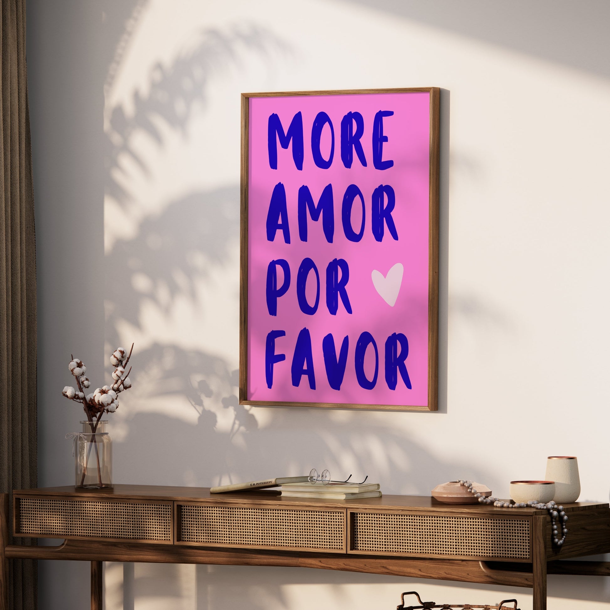 Premium Poster of More Amor Por Favor Blue Text Pink Background Posters