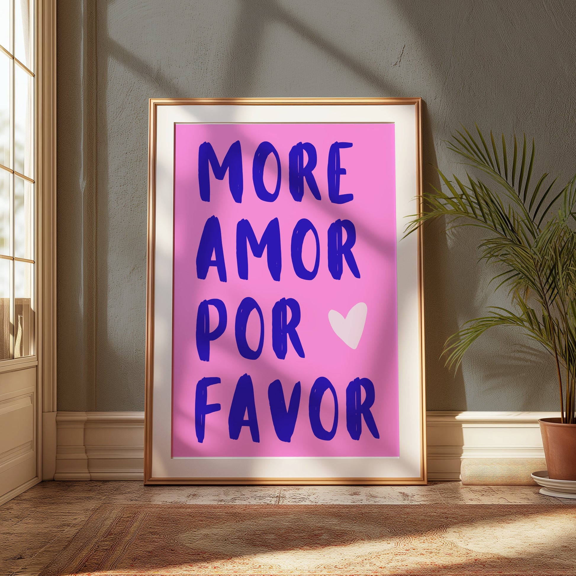 Premium Poster of More Amor Por Favor Blue Text Pink Background Posters