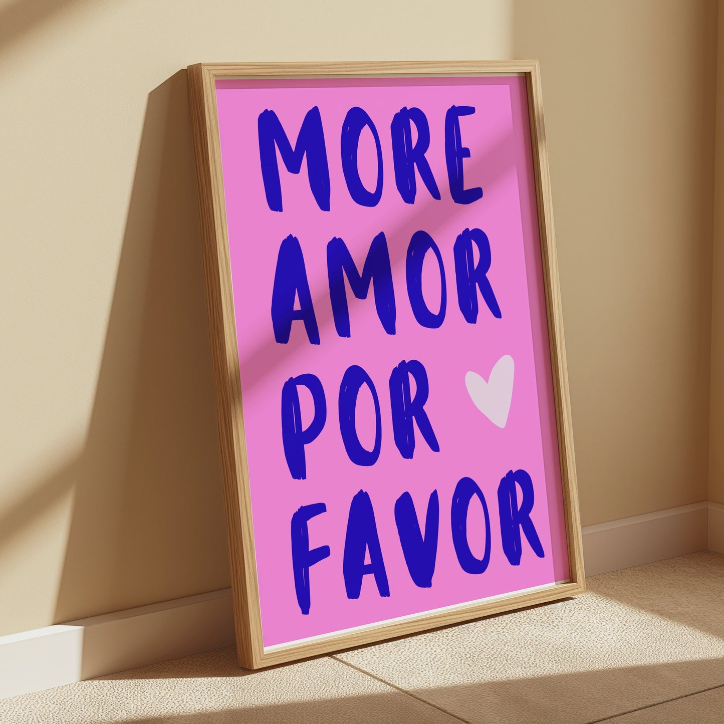 Premium Poster of More Amor Por Favor Blue Text Pink Background Posters
