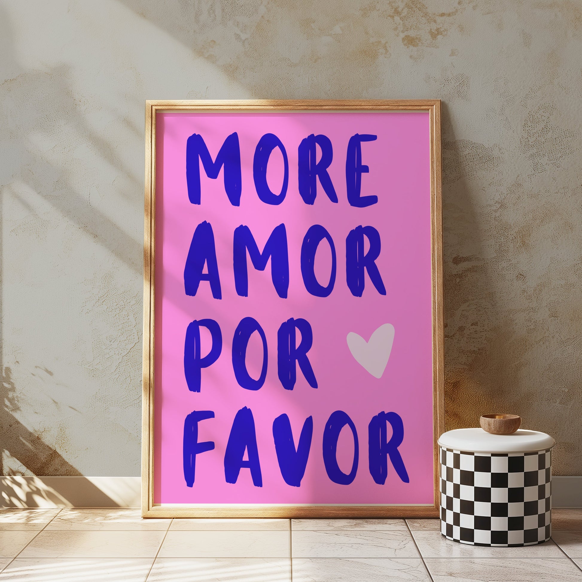 Premium Poster of More Amor Por Favor Blue Text Pink Background Posters
