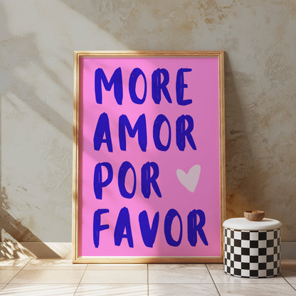 Premium Poster of More Amor Por Favor Blue Text Pink Background Posters