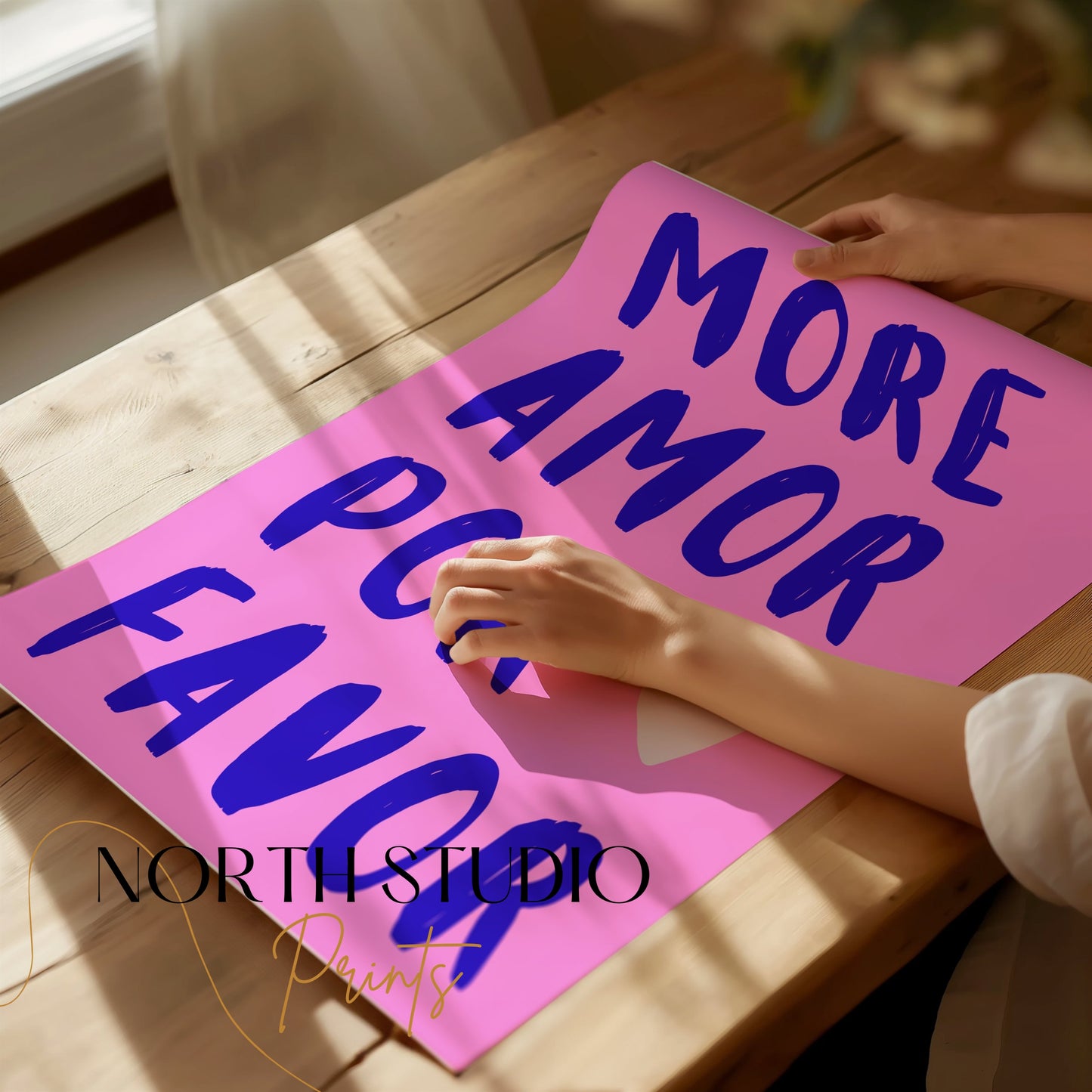 Premium Poster of More Amor Por Favor Blue Text Pink Background Posters