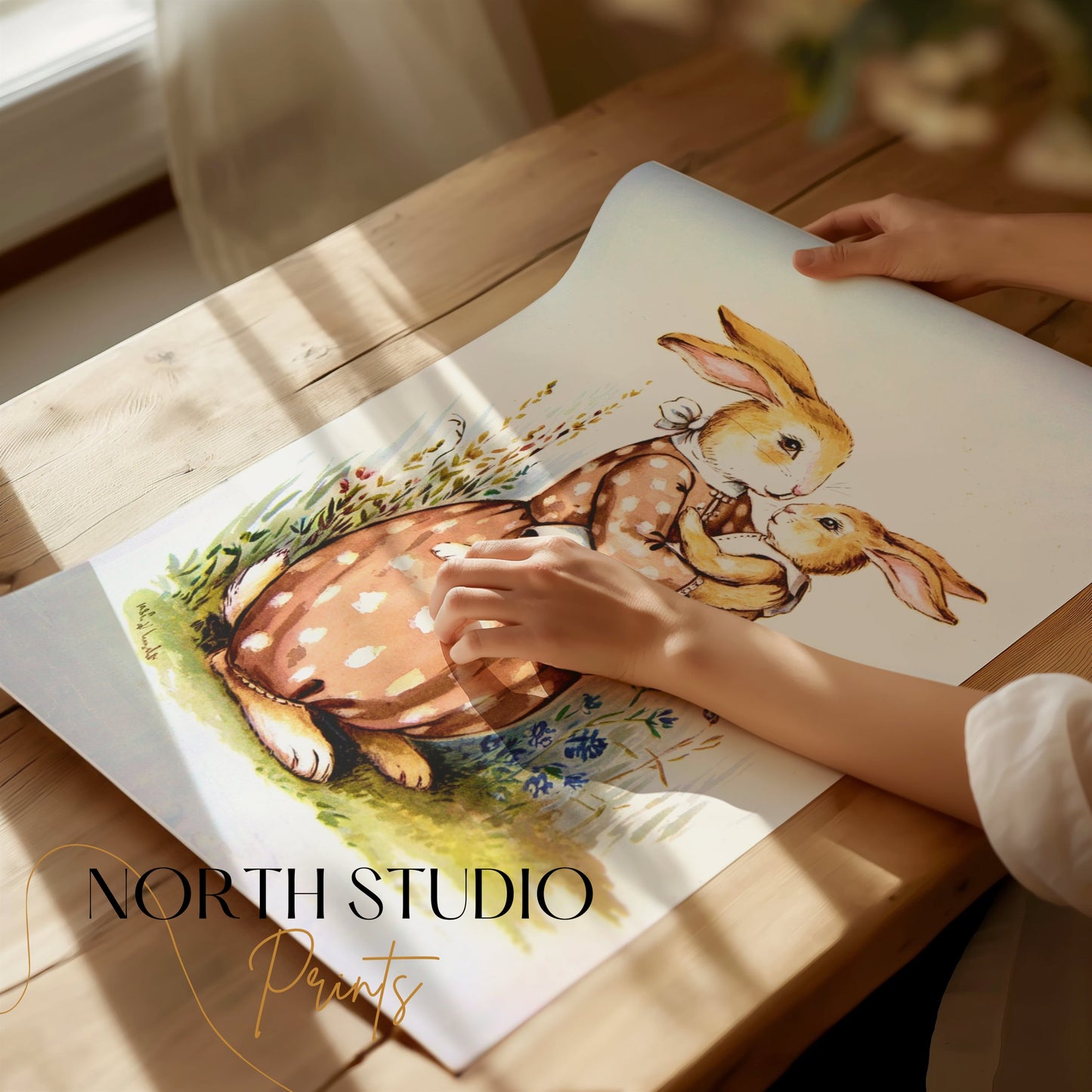 Premium Poster of Mother Bunny Holding Baby Bunny Artwork Posters