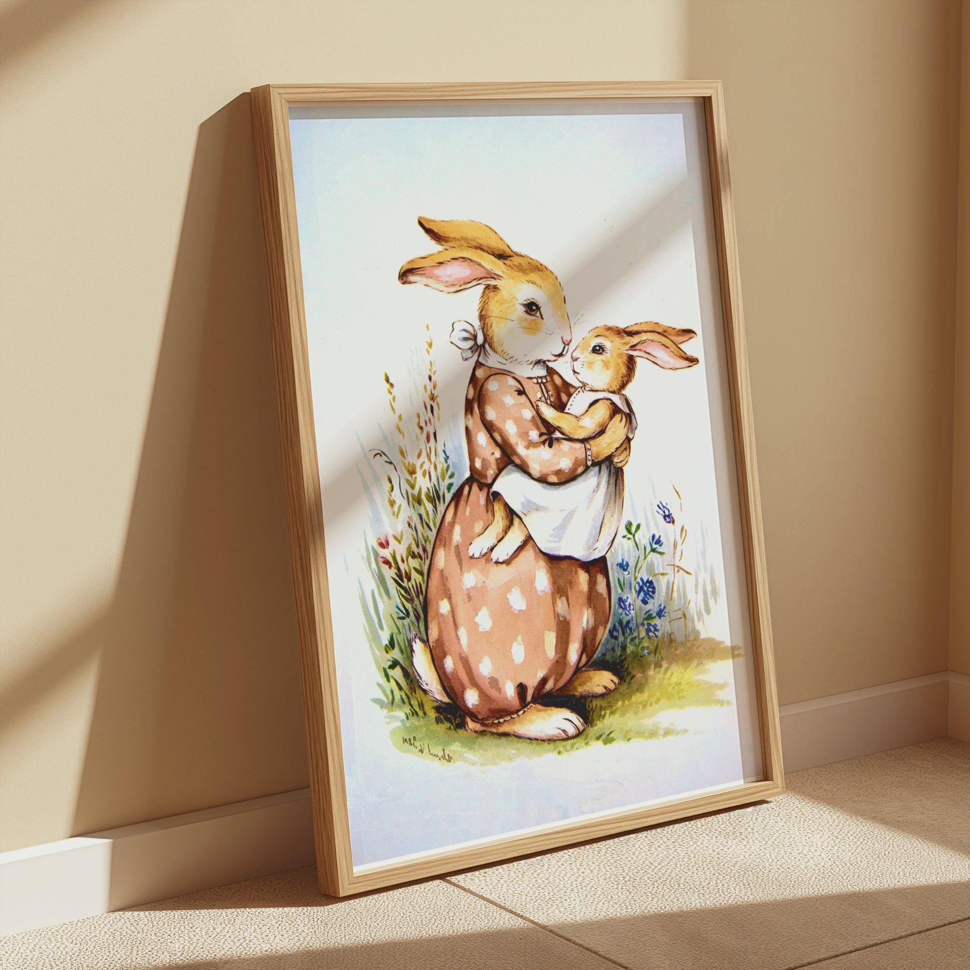 Premium Poster of Mother Bunny Holding Baby Bunny Artwork Posters