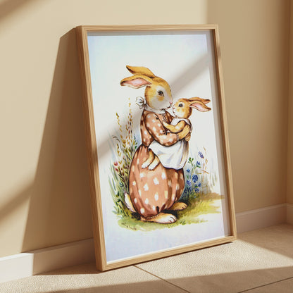 Premium Poster of Mother Bunny Holding Baby Bunny Artwork Posters