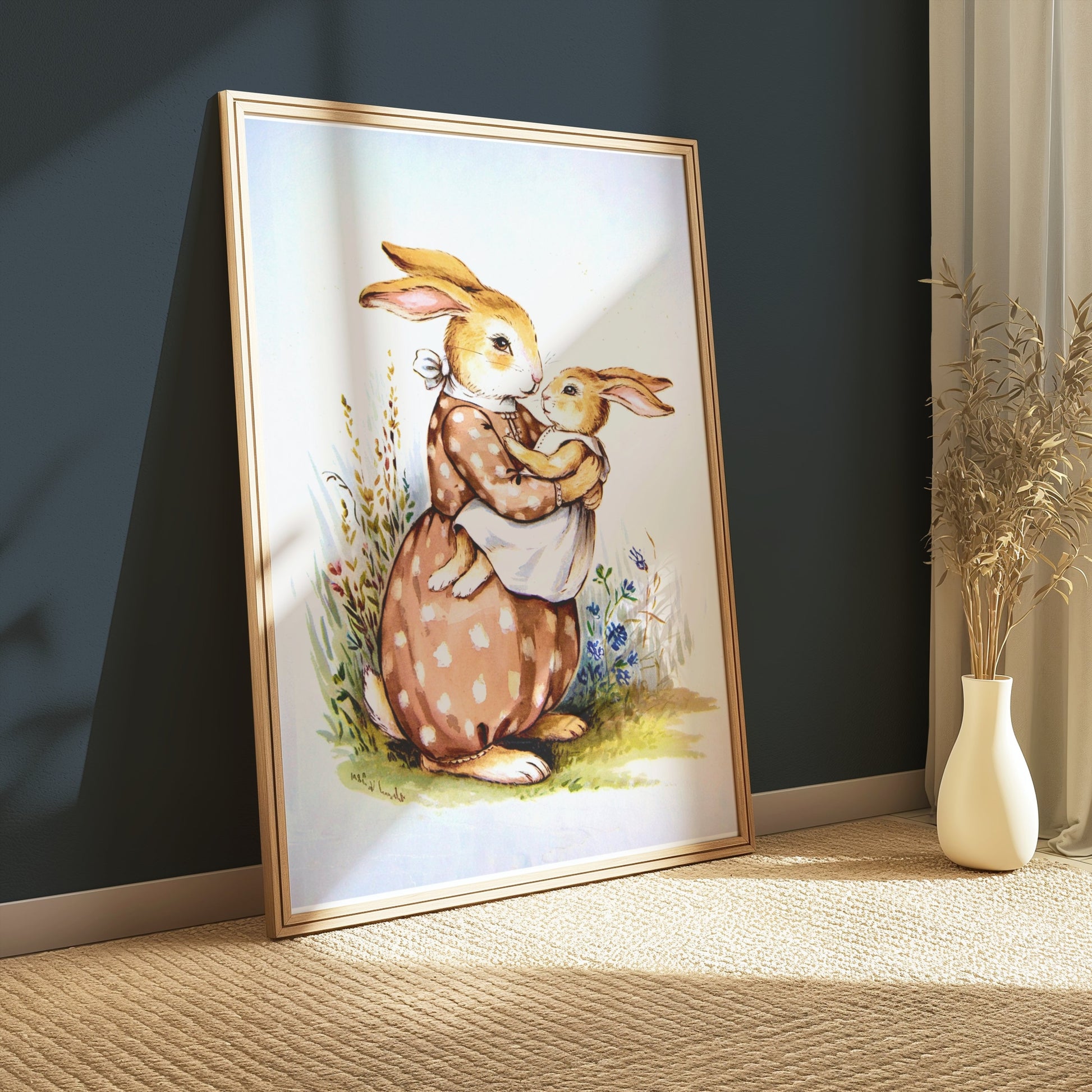 Premium Poster of Mother Bunny Holding Baby Bunny Artwork Posters
