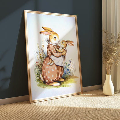 Premium Poster of Mother Bunny Holding Baby Bunny Artwork Posters