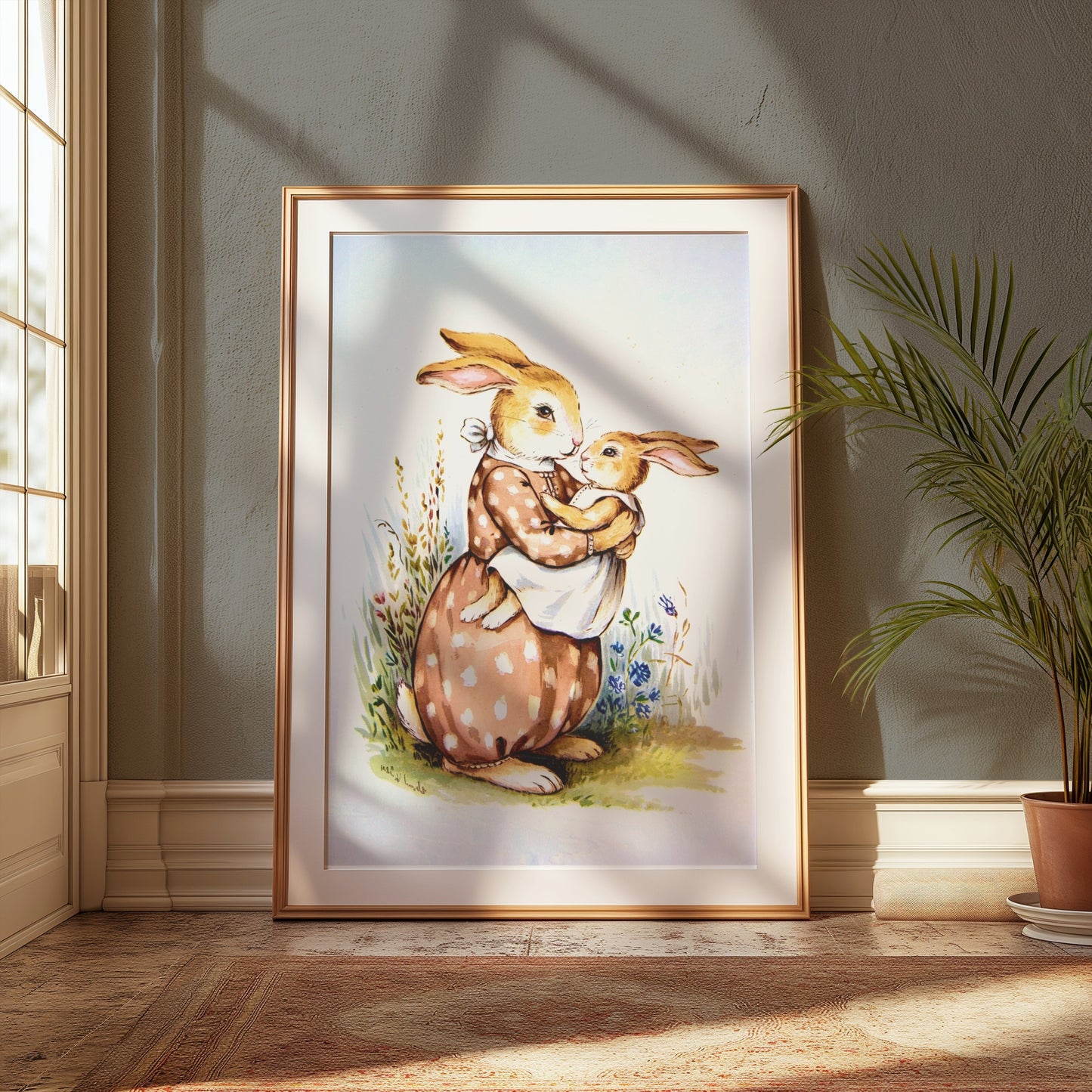 Premium Poster of Mother Bunny Holding Baby Bunny Artwork Posters