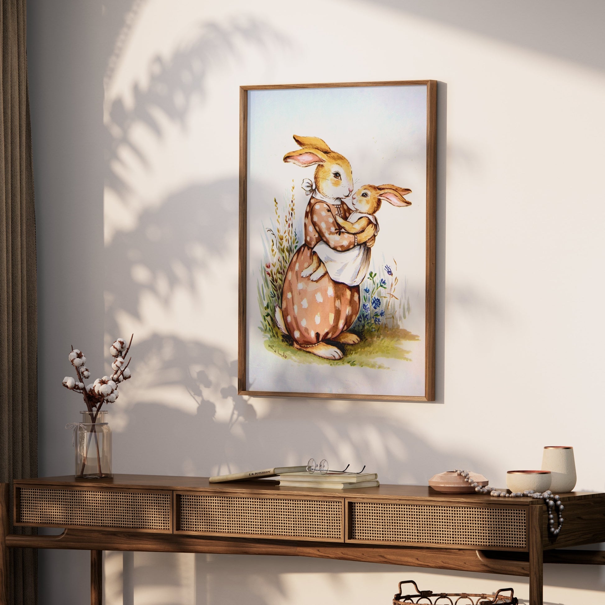 Premium Poster of Mother Bunny Holding Baby Bunny Artwork Posters