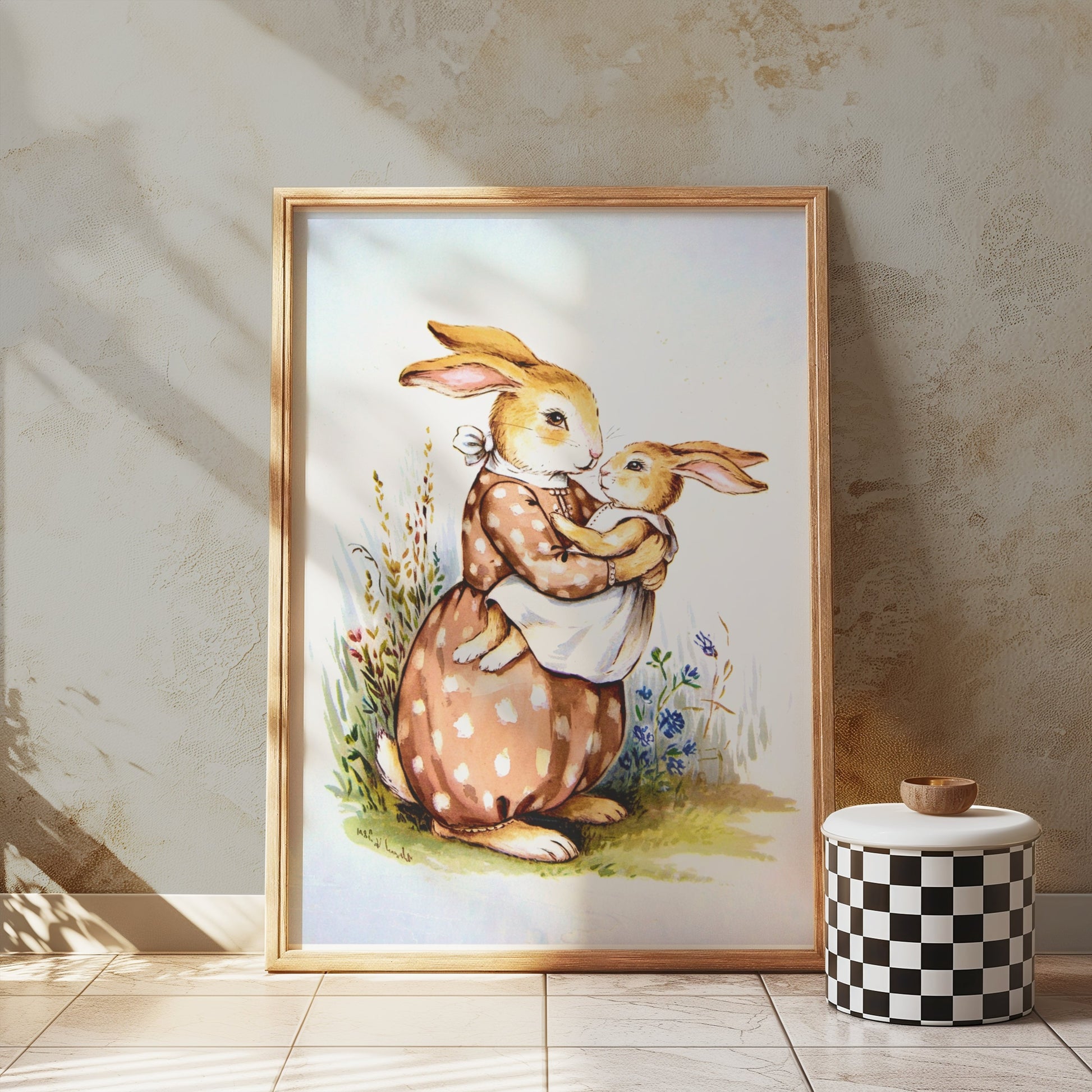Premium Poster of Mother Bunny Holding Baby Bunny Artwork Posters