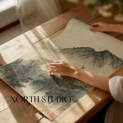 Premium Poster of Mountain Landscape with Misty Forest and House Posters