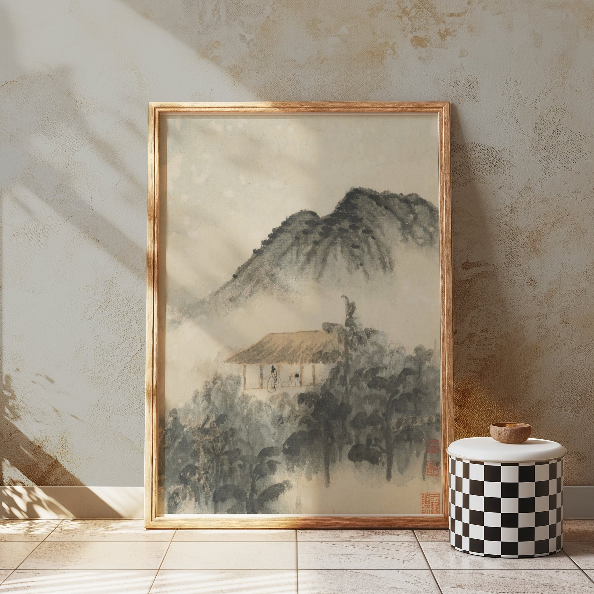 Premium Poster of Mountain Landscape with Misty Forest and House Posters