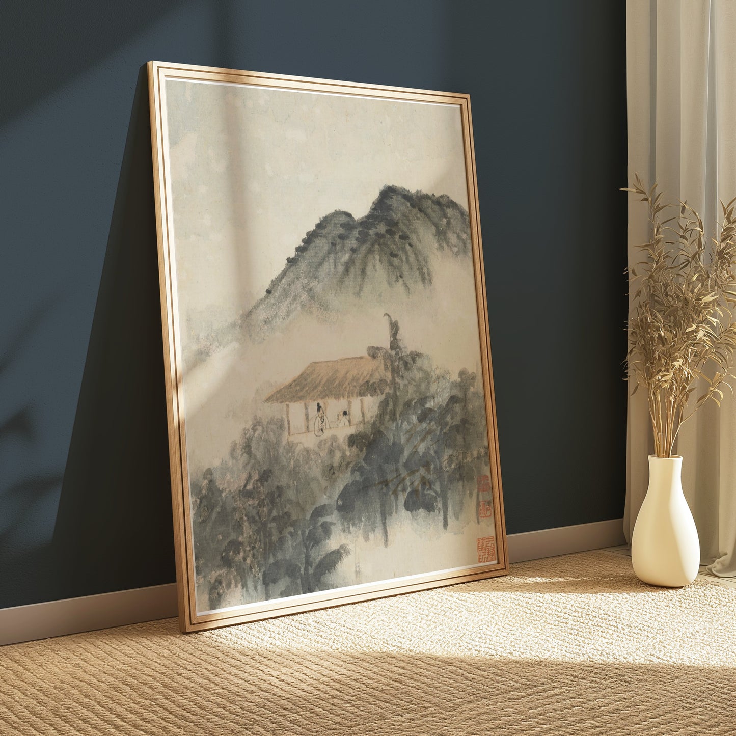 Premium Poster of Mountain Landscape with Misty Forest and House Posters