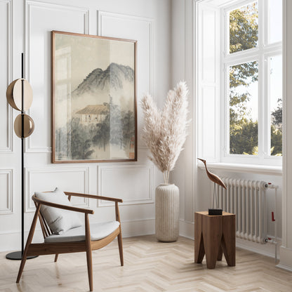 Premium Poster of Mountain Landscape with Misty Forest and House Posters