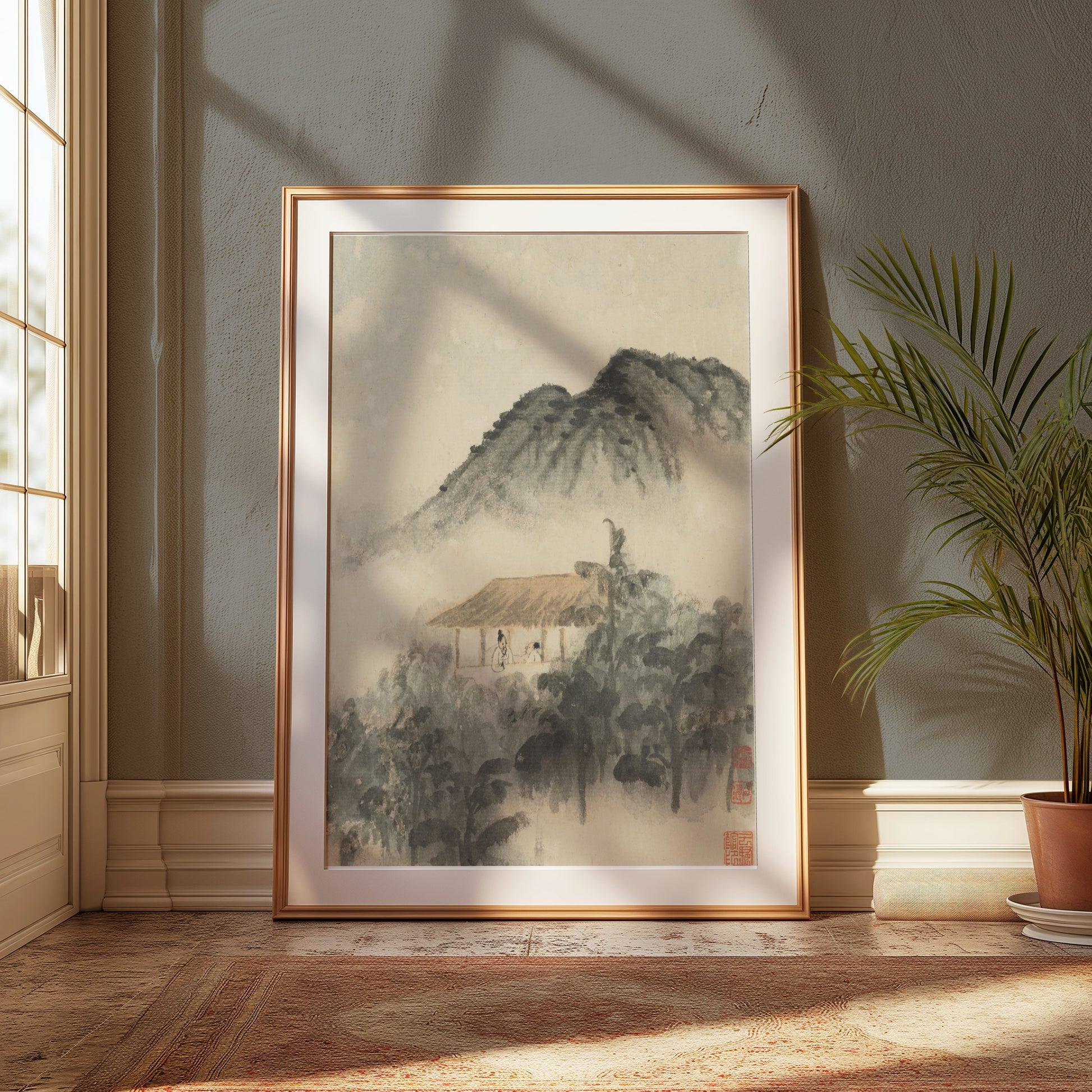 Premium Poster of Mountain Landscape with Misty Forest and House Posters