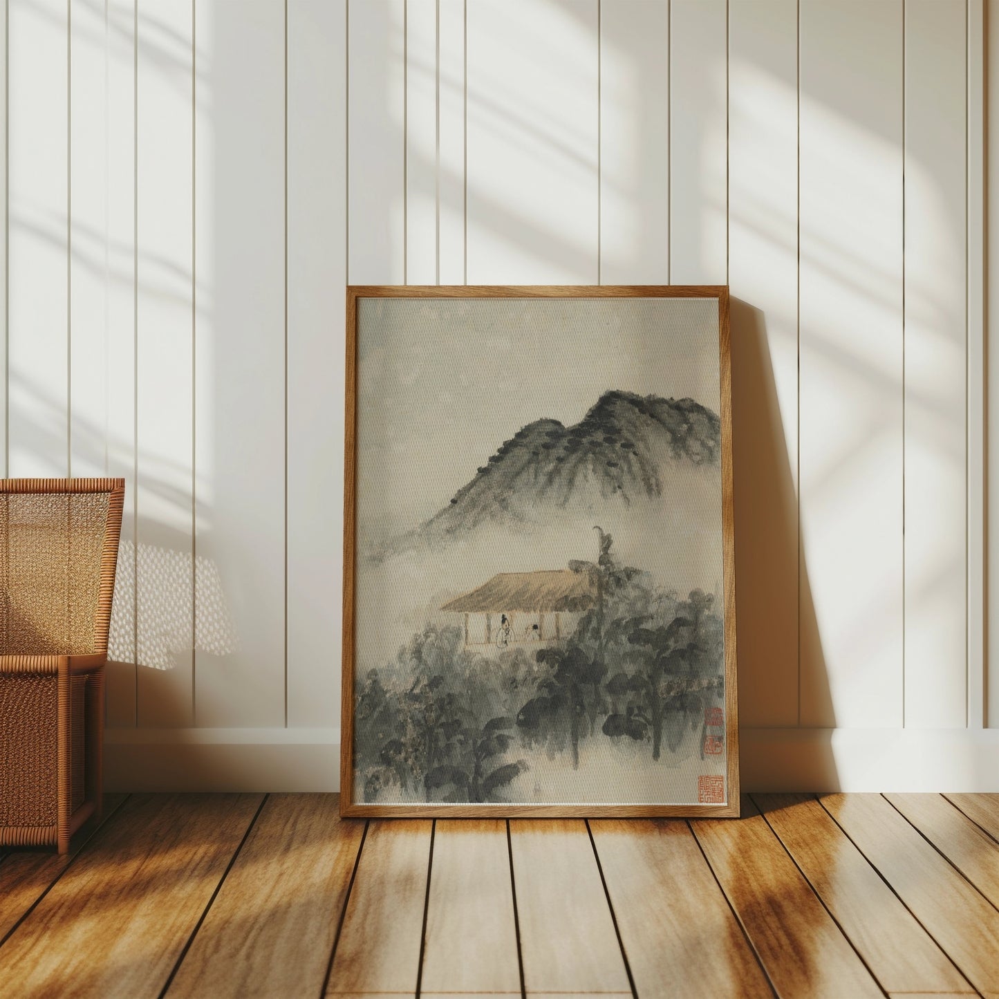 Premium Poster of Mountain Landscape with Misty Forest and House Posters