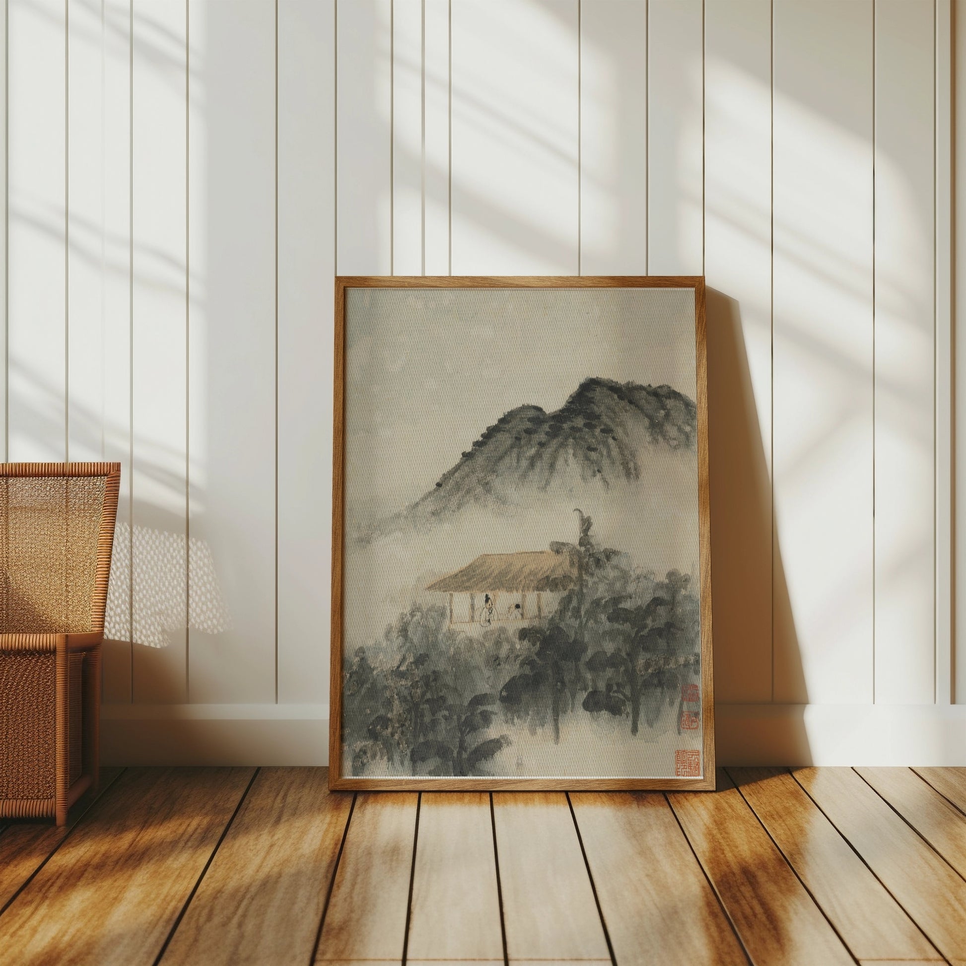 Premium Poster of Mountain Landscape with Misty Forest and House Posters