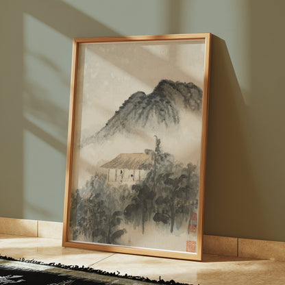 Premium Poster of Mountain Landscape with Misty Forest and House Posters