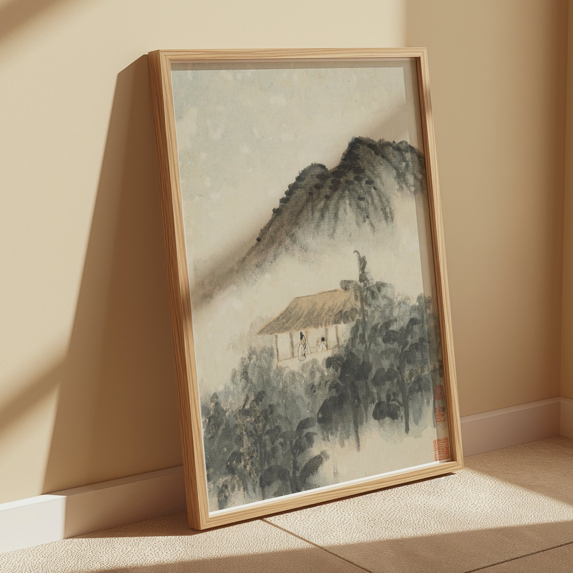 Premium Poster of Mountain Landscape with Misty Forest and House Posters